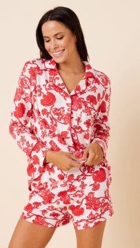 The Cat's Pajamas Women's Chrysantheme Pima Knit Long Sleeve Short Set in Red
