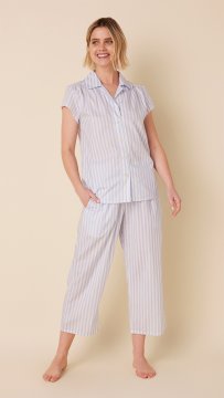 The Cat's Pajamas Women's Classic Stripe Luxe Pima Capri Pajama Set in Blue