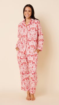 The Cat's Pajamas Women's Holly Jolly Flannel Classic Pajama Set in Red
