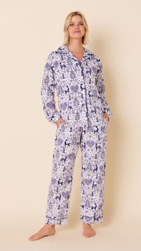 The Cat's Pajamas Women's Holly Jolly Flannel Classic Pajama Set in Blue