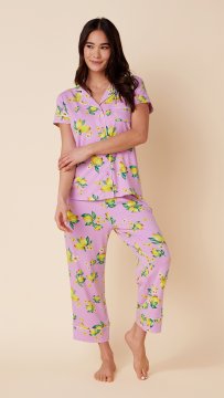 The Cat's Pajamas Women's Lemon Blossom Pima Knit Capri Pajama Set