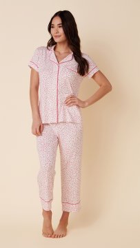 The Cat's Pajamas Women's Confetti Dot Pima Knit Capri Pajama Set in Pink
