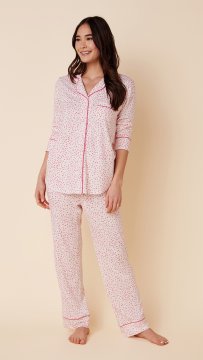 The Cat's Pajamas Women's Confetti Dot Pima Knit Classic Pajama Set in Pink