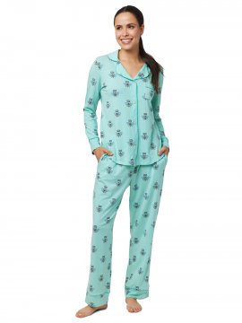 The Cat's Pajamas Women's Queen Bee Pima Knit Classic Pajama Set in Mint