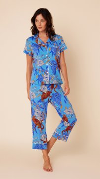 The Cat's Pajamas Women's Blue Tigress Pima Knit Capri Pajama Set