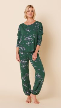 The Cat's Pajamas Women's Willow Cerise Pima Knit Pullover Lounge Set in Green