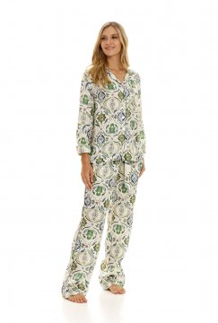 The Lazy Poet Women's Emma Hamsa Blessing Green Linen Classic Pajama Set
