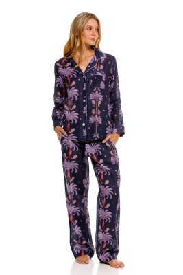 The Lazy Poet Women's Emma Riviera Palms Blue Classic Linen Pajama Set