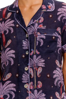 The Lazy Poet Women's Nina Riviera Palms Blue Linen Short Sleeve Shorts Set