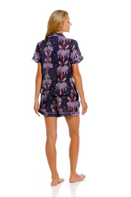 The Lazy Poet Women's Nina Riviera Palms Blue Linen Short Sleeve Shorts Set