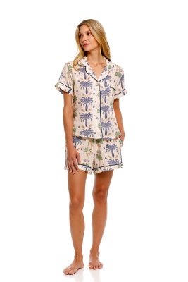 The Lazy Poet Women's Nina Riviera Palm Ecru Linen Short Sleeve Shorts Set