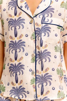 The Lazy Poet Women's Nina Riviera Palm Ecru Linen Short Sleeve Shorts Set