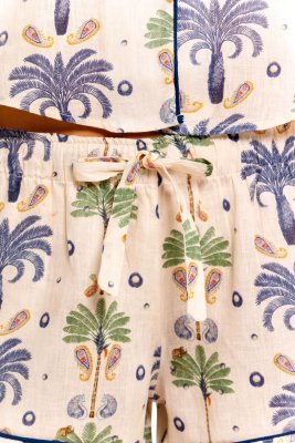 The Lazy Poet Women's Nina Riviera Palm Ecru Linen Short Sleeve Shorts Set