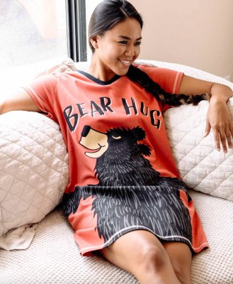 Lazy One Bear Hug V-Neck Cotton Nightshirt in Moab Sunset Pink/Black