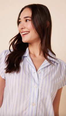 The Cat's Pajamas Women's Classic Stripe Luxe Pima Cotton Short Sleeve Short Set in Blue