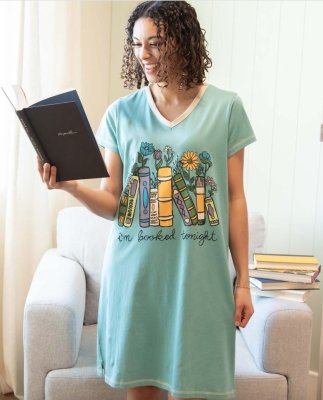 Lazy One Booked Tonight Flowers V-Neck Cotton Nightshirt in Mineral Blue