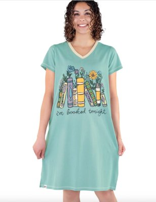 Lazy One Booked Tonight Flowers V-Neck Cotton Nightshirt in Mineral Blue