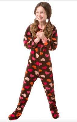 Big Feet Pajamas Kids Chocolate Brown Hearts Fleece One Piece Footy