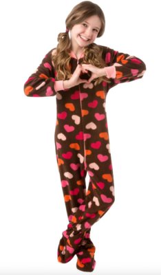 Big Feet Pajamas Kids Chocolate Brown Hearts Fleece One Piece Footy