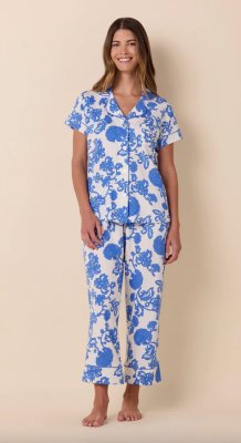 The Cat's Pajamas Women's Chrysantheme Pima Knit Cotton Capri Pajama Set in Blue