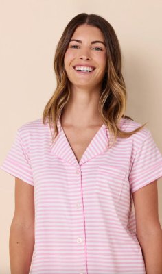 The Cat's Pajamas Women's Essential Stripe Pima Knit Cotton Capri Pajama Set in Pink Moment