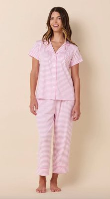 The Cat's Pajamas Women's Essential Stripe Pima Knit Cotton Capri Pajama Set in Pink Moment