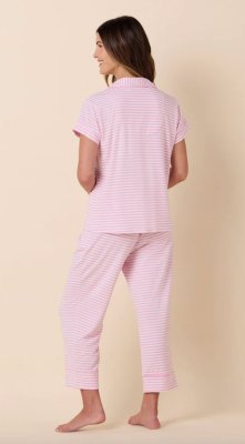 The Cat's Pajamas Women's Essential Stripe Pima Knit Cotton Capri Pajama Set in Pink Moment