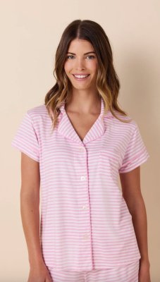 The Cat's Pajamas Women's Essential Stripe Pima Knit Cotton Short Sleeve Short Set in Pink Moment