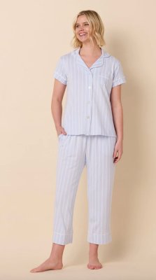 The Cat's Pajamas Women's Heritage Stripe Pima Knit Cotton Capri Pajama Set in Blue