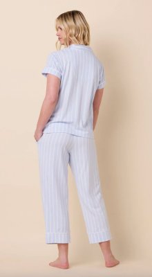 The Cat's Pajamas Women's Heritage Stripe Pima Knit Cotton Capri Pajama Set in Blue