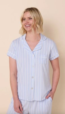 The Cat's Pajamas Women's Heritage Stripe Pima Knit Cotton Capri Pajama Set in Blue