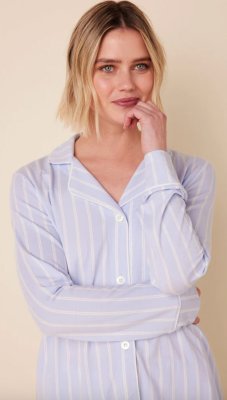 The Cat's Pajamas Women's Heritage Stripe Pima Knit Cotton Classic Pajama Set in Blue