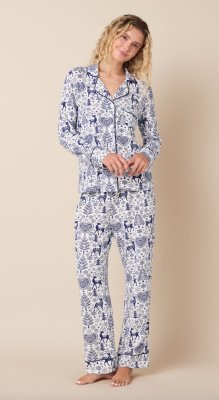 The Cat's Pajamas Women's Holly Jolly Pima Knit Cotton Classic Pajama Set in Blue