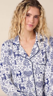 The Cat's Pajamas Women's Holly Jolly Pima Knit Cotton Classic Pajama Set in Blue