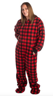 Big Feet Pajamas Adult Red & Black Buffalo Plaid Plush Hooded One Piece Footy