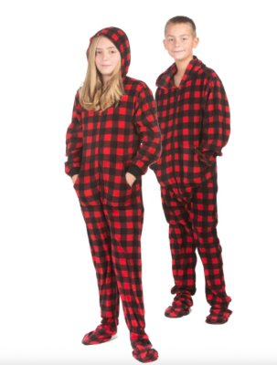 Big Feet Pajamas Kids Red & Black Buffalo Plaid Fleece Hooded One Piece Footy