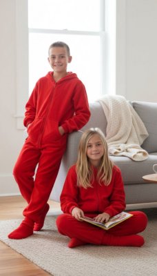 Big Feet Pajamas Kids Red Fleece Hooded One Piece Footy