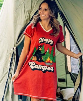 Lazy One Happy Camper V-Neck Cotton Nightshirt in Red
