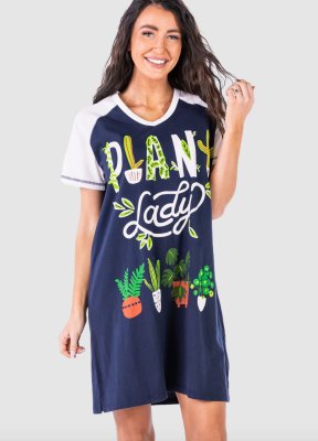 Lazy One Plant Lady V-Neck Cotton Nightshirt in Blueberry Blue and White