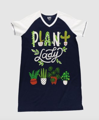 Lazy One Plant Lady V-Neck Cotton Nightshirt in Blueberry Blue and White