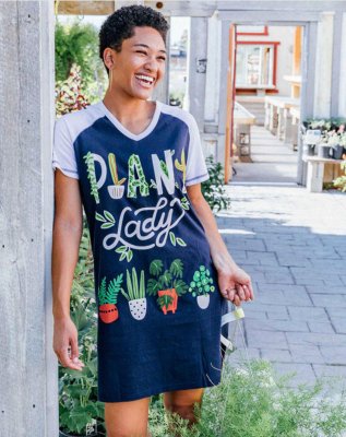 Lazy One Plant Lady V-Neck Cotton Nightshirt in Blueberry Blue and White