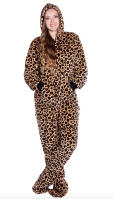 Big Feet Pajamas Adult Leopard Plush Hooded One Piece Footy