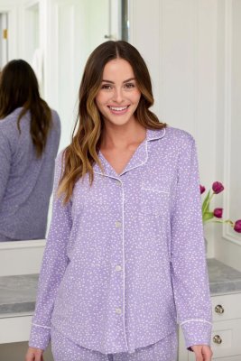The Cat's Pajamas Women's Lilac Confetti Dot Pima Knit Cotton Classic Pajama Set