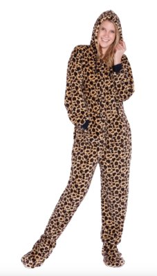 Big Feet Pajamas Adult Leopard Plush Hooded One Piece Footy