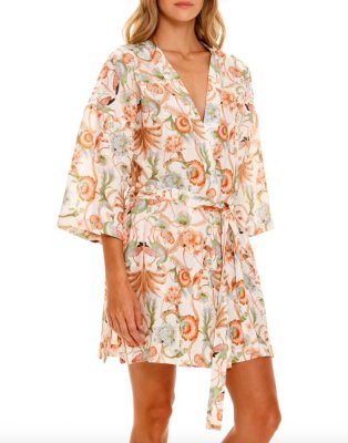 The Lazy Poet Women's Lola Peach Jungle Lush Linen Kimono Robe