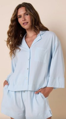 The Cat's Pajamas Women's Mariposa Organic Pima Cotton Long Sleeve Short Set in Mist