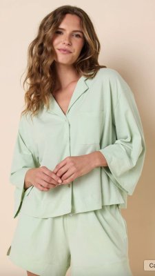 The Cat's Pajamas Women's Mariposa Organic Cotton Long Sleeve Short Set in Celadon