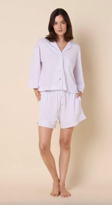 The Cat's Pajamas Women's Mariposa Organic Cotton Long Sleeve Short Set in Lilac Cream