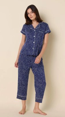 The Cat's Pajamas Women's Confetti Dot Pima Knit Cotton Capri Pajama Set in Navy