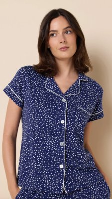The Cat's Pajamas Women's Confetti Dot Pima Knit Cotton Capri Pajama Set in Navy